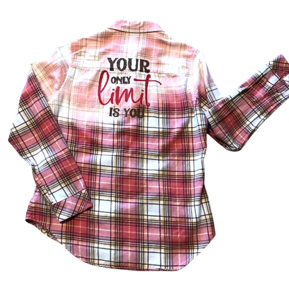 Upcycled Bleached Flannel Shirt, Women’s Size Small: Inspirational, Red Plaid - Picture 9 of 10